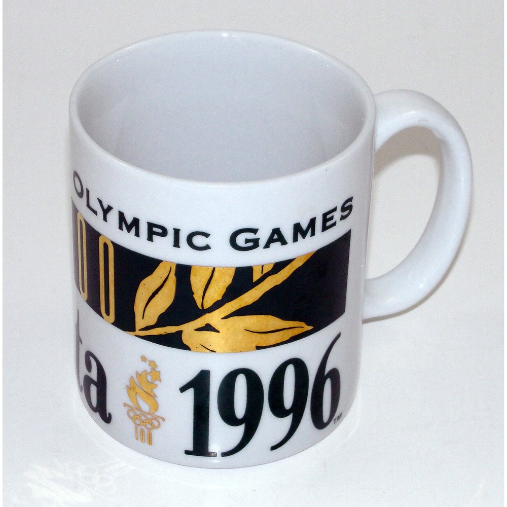 Atlanta Olympic Games 1996 Vintage Coffee Cup Mug White Green Gold Foil EUC